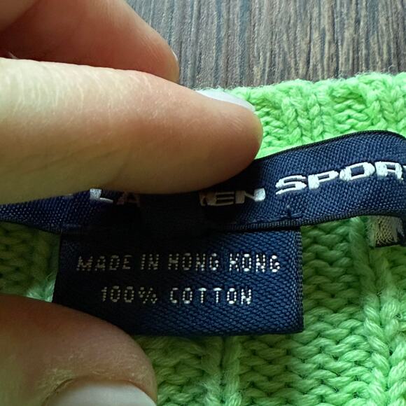 Ralph Lauren Sport Cable Knit V Neck Sweater Lime Green 100% Cotton Women’s L - Picture 7 of 9